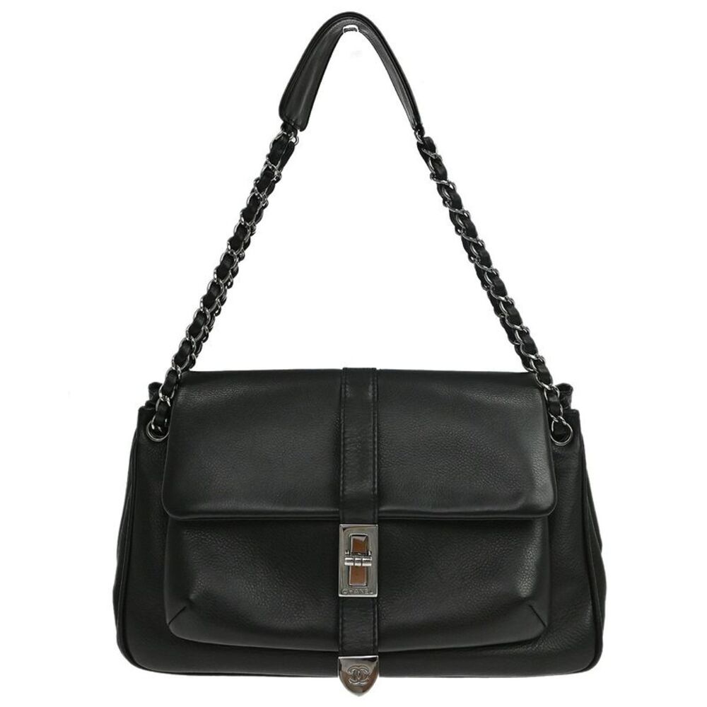 Chanel Vintage Mademoiselle Lock Accordion Flap Calfskin Leather Black Leather